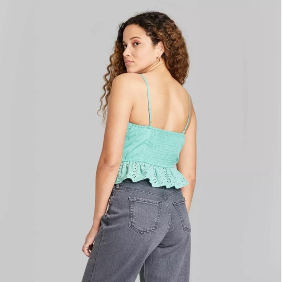 NWOT Wild Fable Eyelet Lace Peplum Lace Up Crop Tank Cami Tie Front Aqua Green - Picture 3 of 9